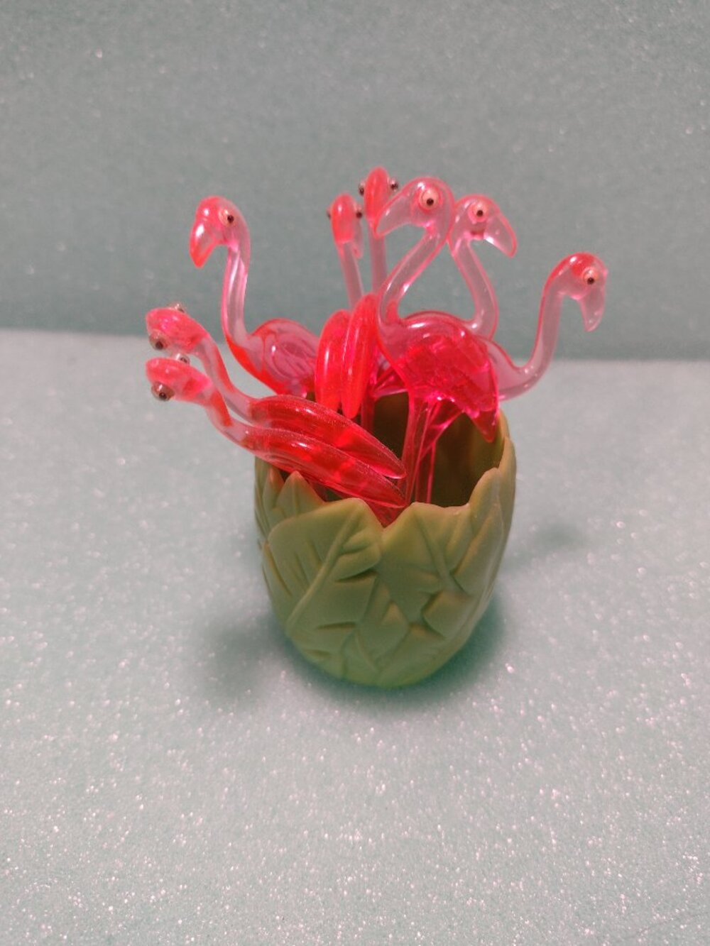Set of 8 Pink Flamingo Crazy Eyes Cocktail Picks with a Green Leaf Holder - Picture 4 of 5